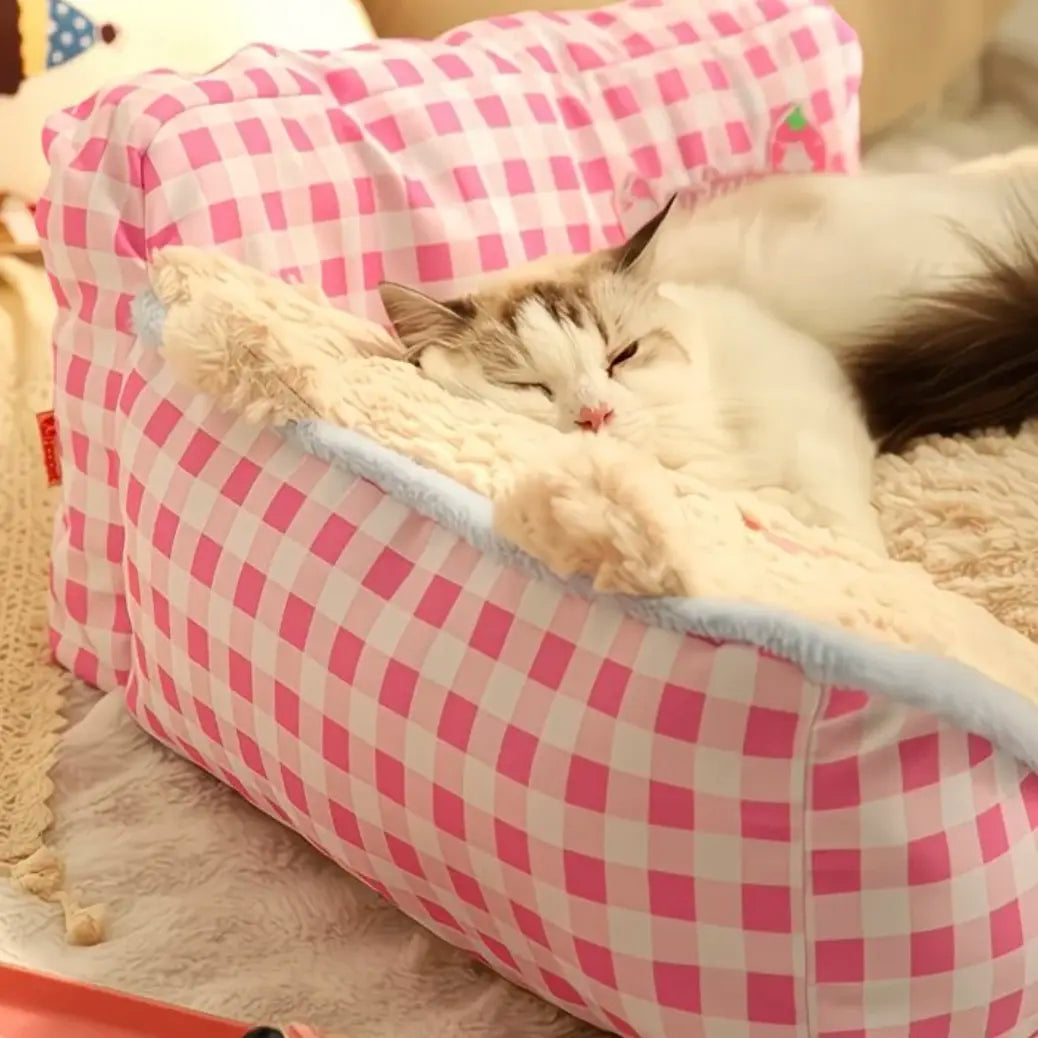 Pink Gingham Cat Sofa Bed – Ultra-Soft Plush Pet Couch for Cats & Small Dogs