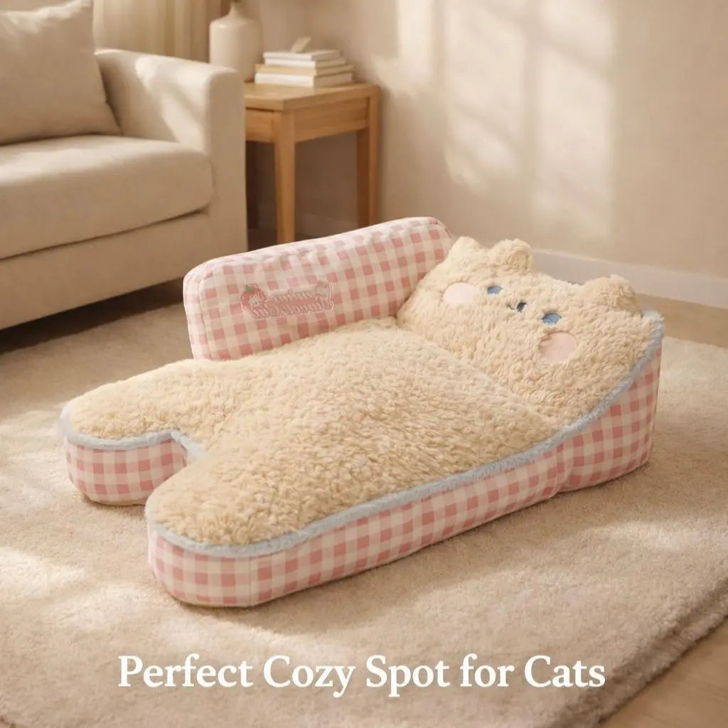 Pink Gingham Cat Sofa Bed – Ultra-Soft Plush Pet Couch for Cats & Small Dogs