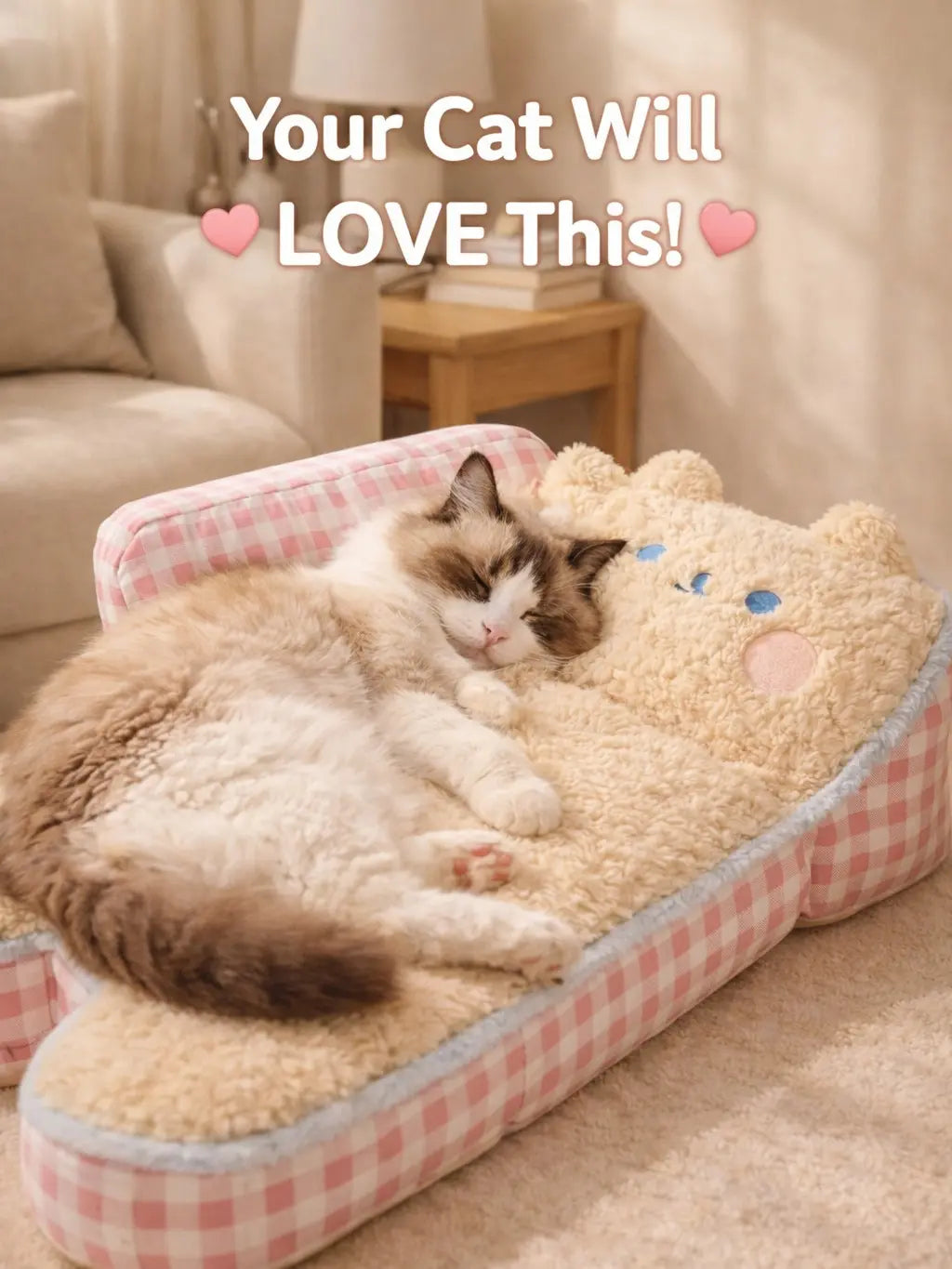 Pink Gingham Cat Sofa Bed – Ultra-Soft Plush Pet Couch for Cats & Small Dogs