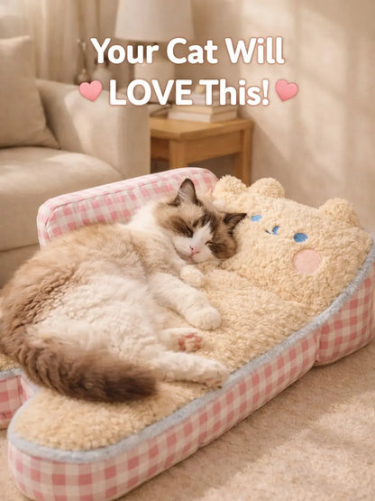 Pink Gingham Cat Sofa Bed – Ultra-Soft Plush Pet Couch for Cats & Small Dogs