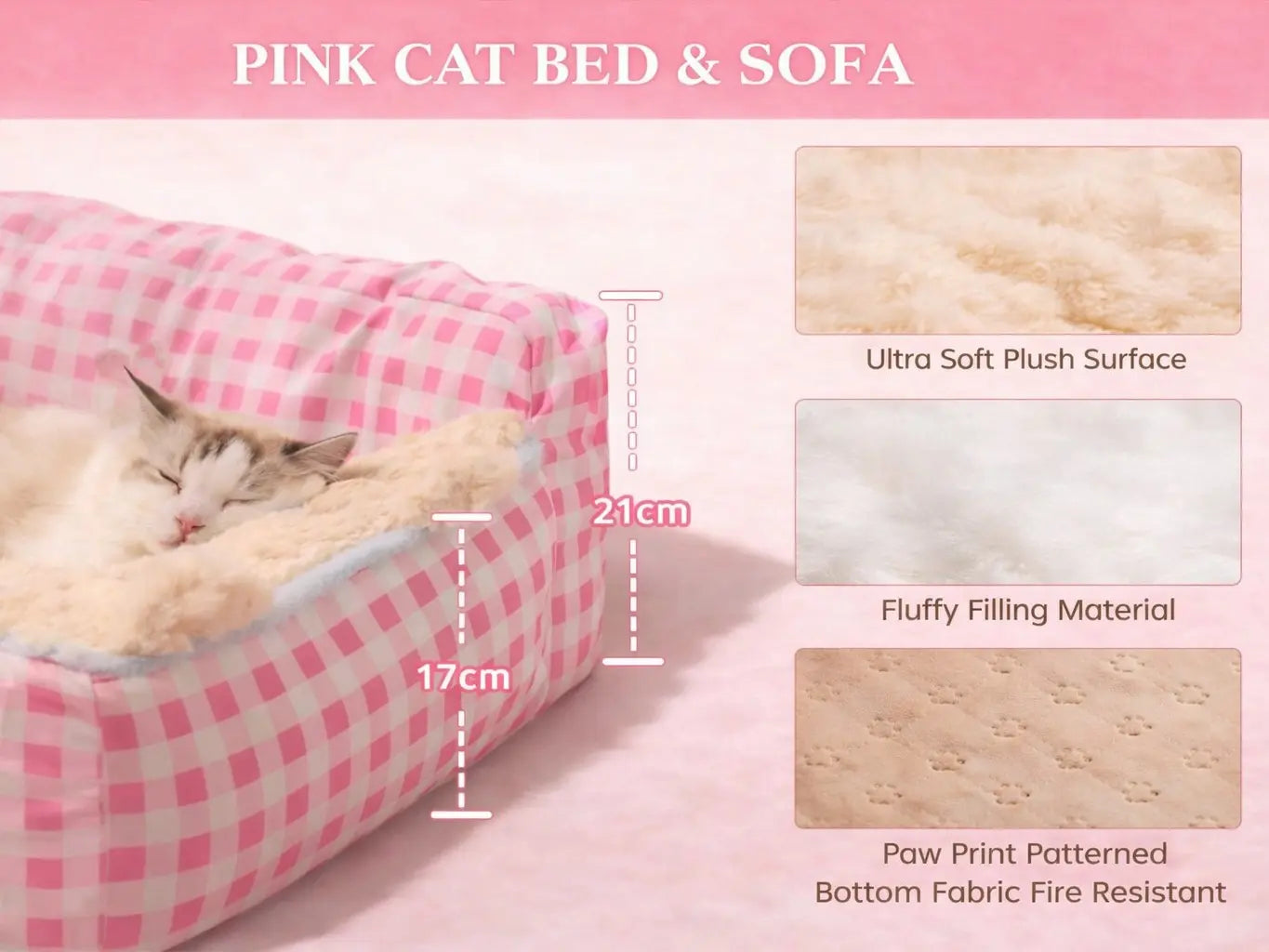 Pink Gingham Cat Sofa Bed – Ultra-Soft Plush Pet Couch for Cats & Small Dogs
