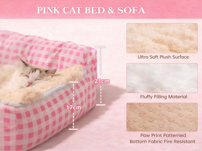 Pink Gingham Cat Sofa Bed – Ultra-Soft Plush Pet Couch for Cats & Small Dogs